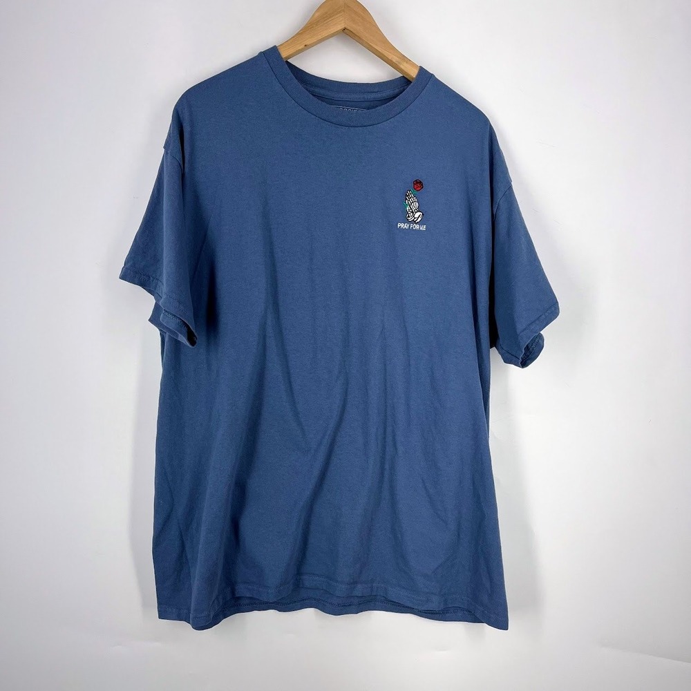 Riot Society Mens XL Blue Pray For Me Skeleton Rose Embroidered Graphic T-Shirt